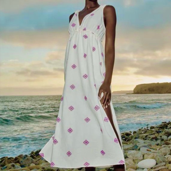 Zara Rustic Dress Womens Large Embroidered Midi Cottagecore Ivory Purple Boho - Picture 4 of 15